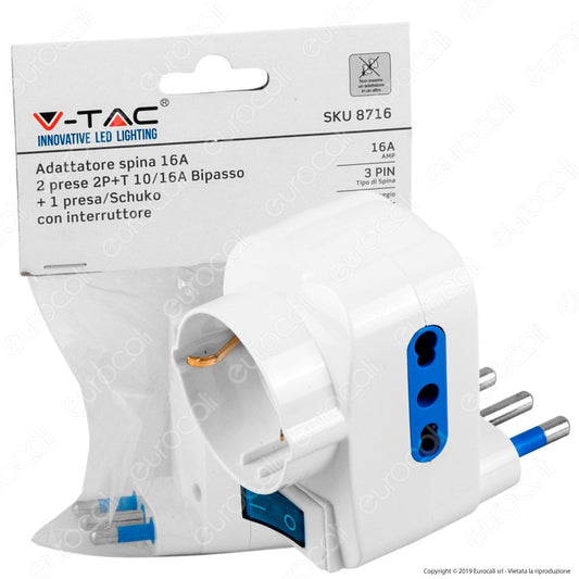V-Tac Multipresa Adattatore Triplo con Schuko Colore Bianco con Interruttore Luminoso - SKU 8716
