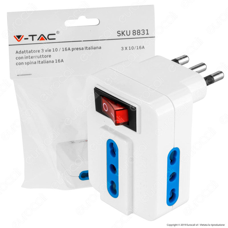 V-Tac Multipresa Adattatore Triplo Colore Bianco 10/16A Italiana con Interruttore - SKU 8831