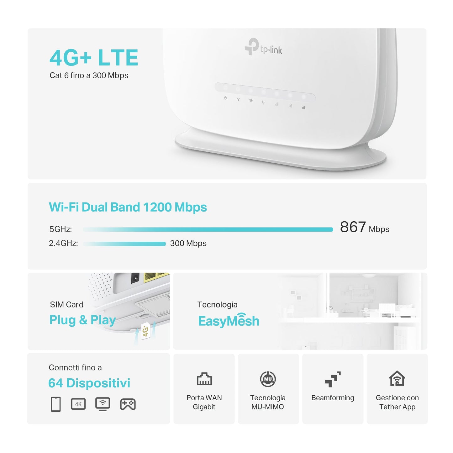 Archer MR505 Router Wi-Fi con SIM 4G+ CAT6 AC1200Mbps