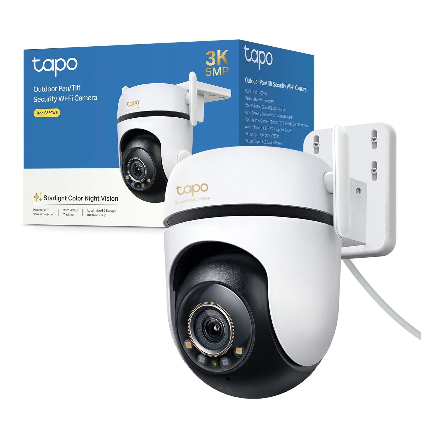 Tapo C530WS Telecamera Wi-Fi Esterno, 3K 5MP, 360° Visuale, Visione Notturna a Colori Starlight, Wi-Fi/Ethernet, ⚠️Non a batteria