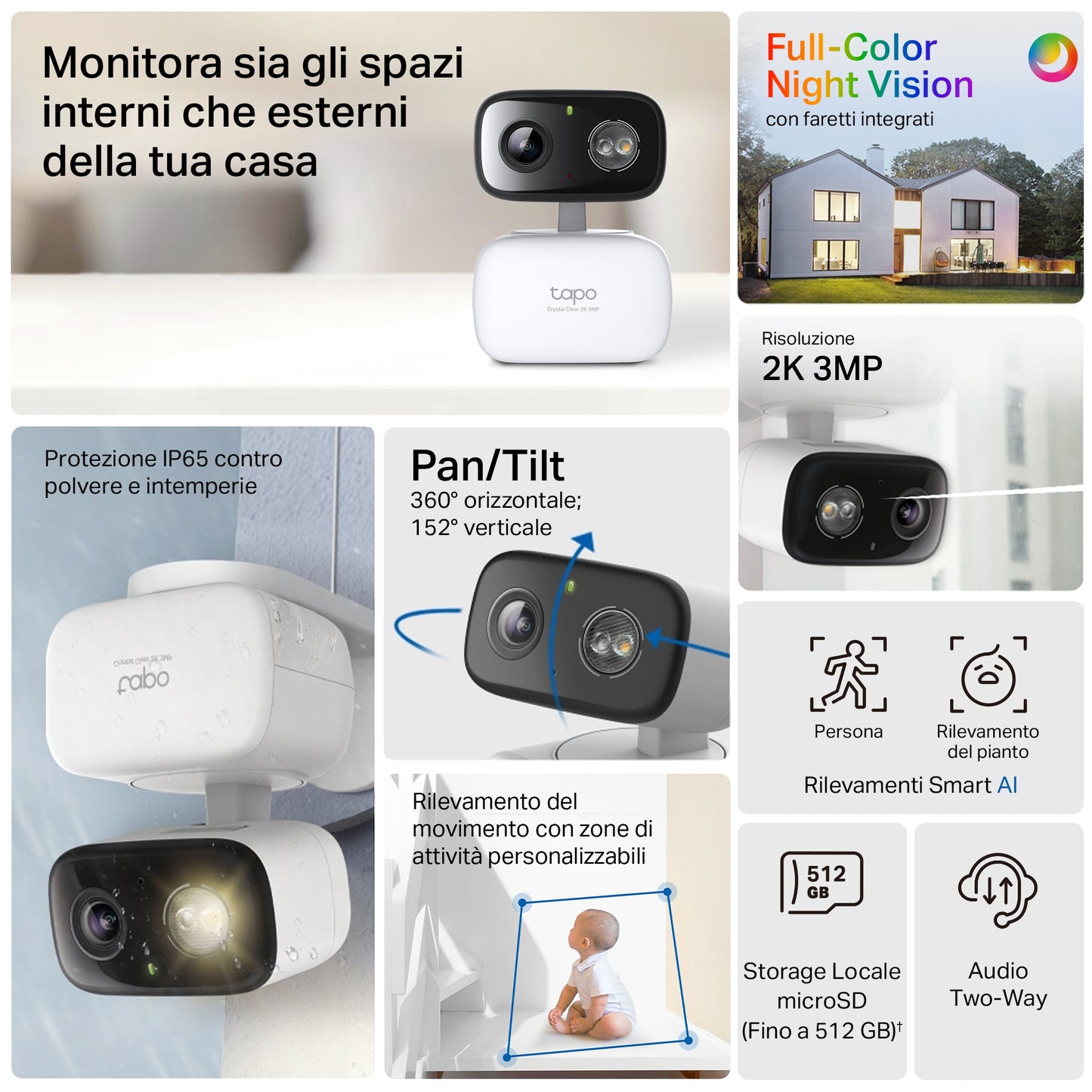 Tapo C236 Telecamera Wi-Fi Esterno/Interno 3K 5MP, Pan/Tilt, Visione Notturna a Colori, Notifiche AI, IP65