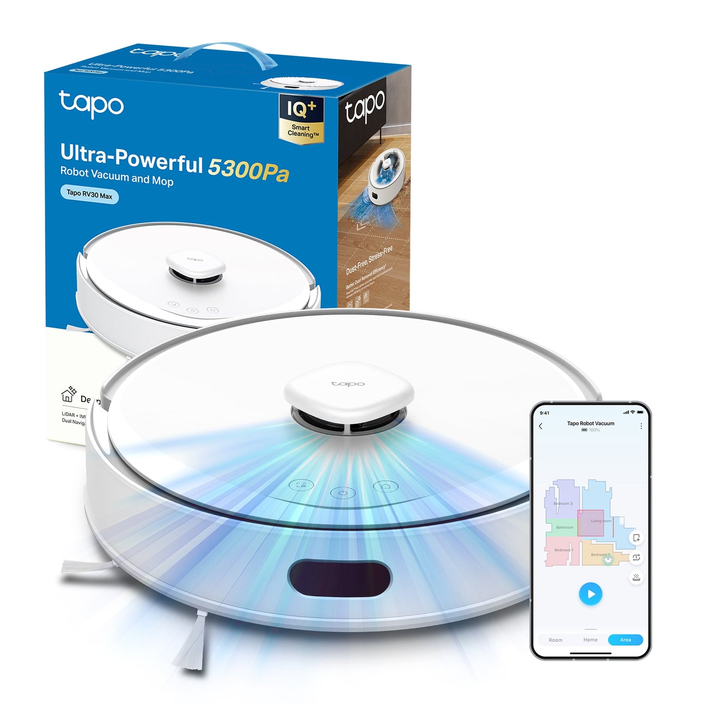 Tapo RV30 Max White Robot Aspirapolvere, Doppia Navigazione LiDAR+IMU, ⚠️Aggiungi la Base di Ricarica RVB102 al carrello