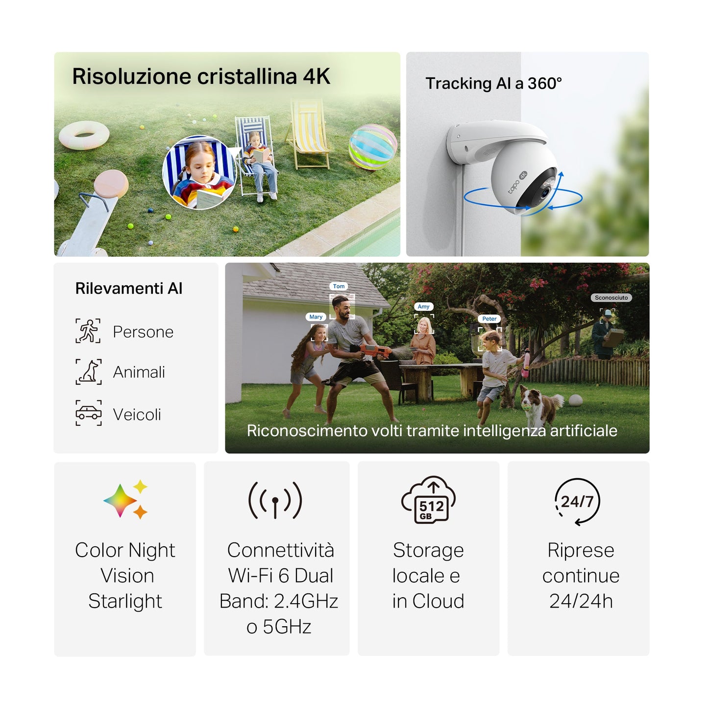 Tapo C560WS Telecamera Wi-Fi Esterno 4K 8MP, 360° Visuale, Visione Notturna a Colori Starlight, Wi-Fi/Ethernet, ⚠️Non a batteria