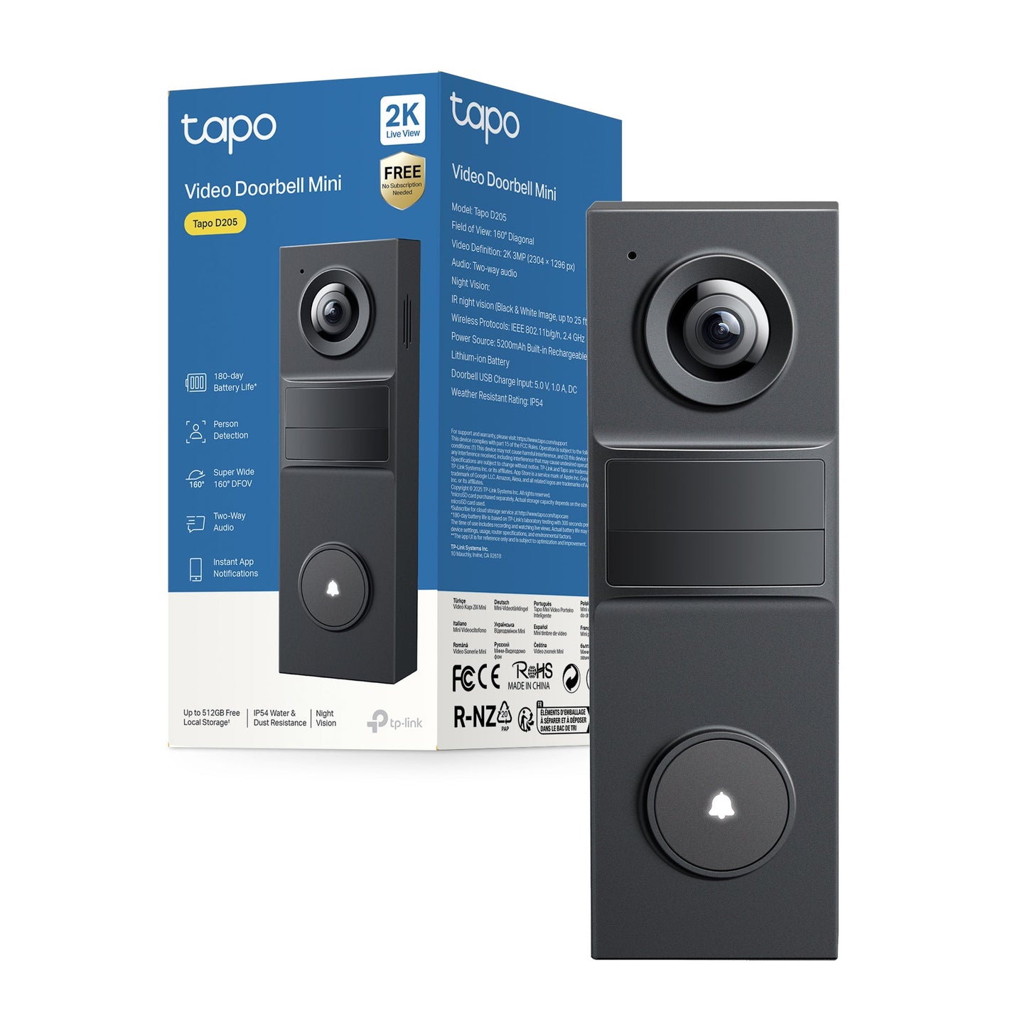 Tapo D205 Video Campanello 2K 3MP, Visione Notturna, Batteria 5200mAh