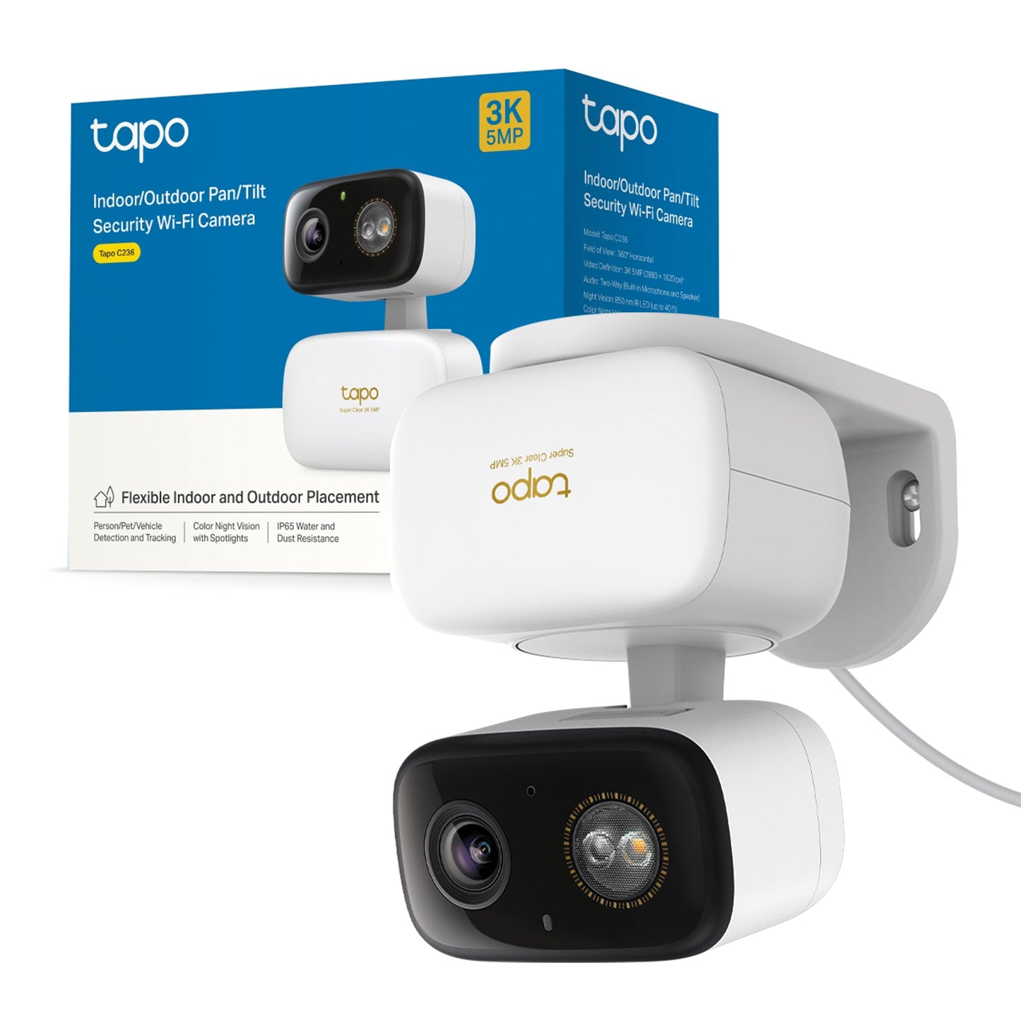 Tapo C236 Telecamera Wi-Fi Esterno/Interno 3K 5MP, Pan/Tilt, Visione Notturna a Colori, Notifiche AI, IP65