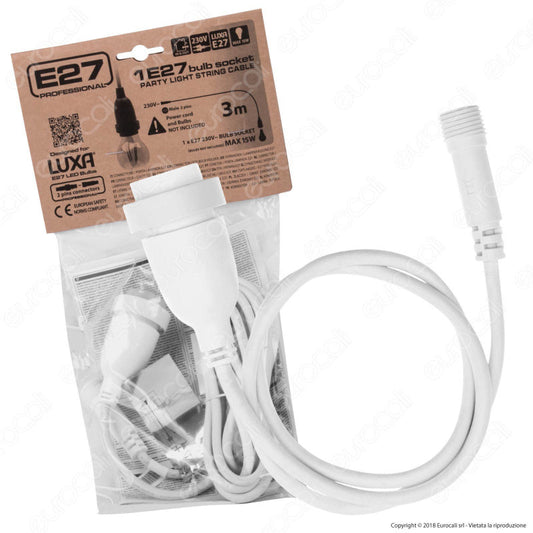 Cavo Portalampada E27 con Connettore Maschio 2 Pin Colore Bianco IP44 3 Metri