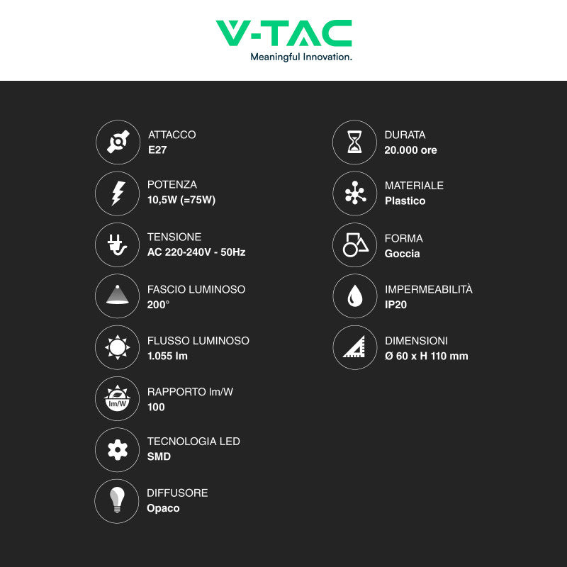 V-Tac VT-2112 Lampadina LED E27 10,5W SMD Goccia A60 - SKU 217350 / 217349 / 217351