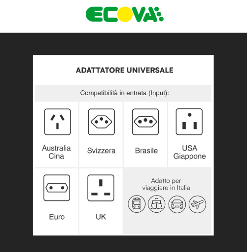 Ecova Adattatore Universale da Viaggio 2300W Spina Standard Italiana 10A 2P+T Colore Bianco - mod. 30199