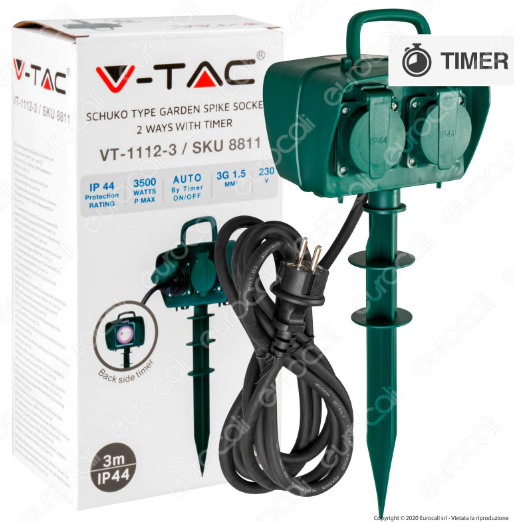 V-Tac VT-1112-3 Multipresa IP44 2 Posti con Prese Schuko da Giardino con Timer e Picchetto da Terra Cavo 3 Metri