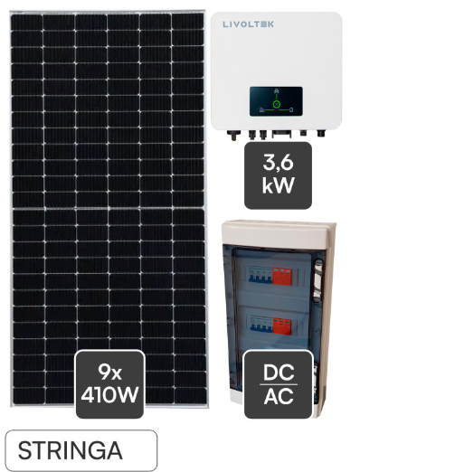 - Promo Ottobre - Kit On-Grid 9 Pannelli Solari V-Tac 410W + Inverter Livoltek Monofase 3,6kW CEI 0-21 + Quadro Elettrico Chint DC/AC 2 Stringhe