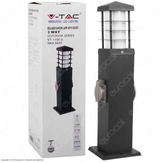 V-Tac VT-1156-2 Portalampada per Lampadine E27 da Giardino con Fissaggio a Terra e 2 Prese Schuko IP44 - SKU 8822