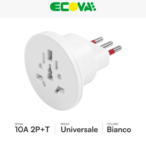 Ecova Adattatore Universale da Viaggio 2300W Spina Standard Italiana 10A 2P+T Colore Bianco - mod. 30199