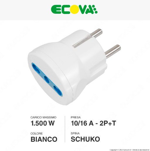 Ecova Adattatore Singolo Spina Standard Franco/Tedesco Schuko Presa Bipasso 10/16A 2P+T Colore Bianco - mod. 30037