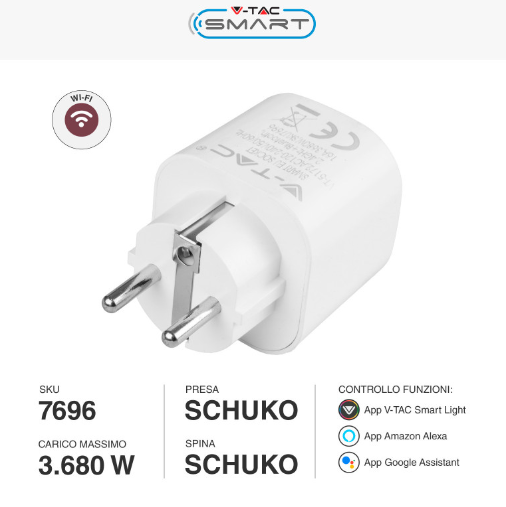V-Tac Smart VT-5172 Presa Schuko 16A Wi-Fi con Spina Schuko Compatibile Amazon Alexa e Google Assistant - SKU 7696