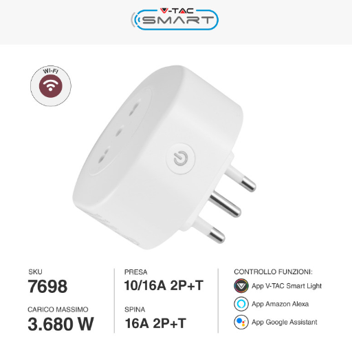 V-Tac Smart VT-5175 Presa 10/16A 2P+T Wi-Fi con Spina 16A 2P+T Compatibile Amazon Alexa e Google Assistant - SKU 7698