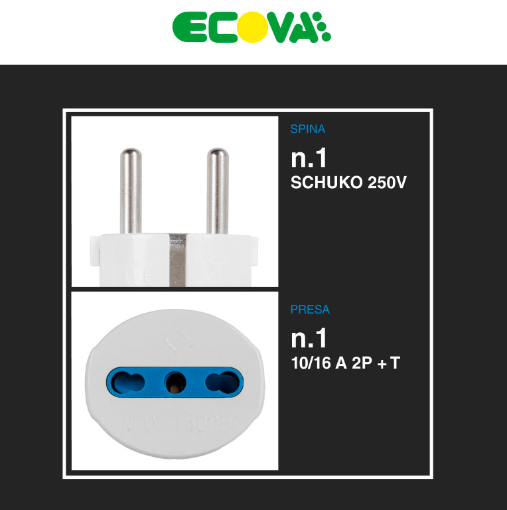 Ecova Adattatore Singolo Spina Standard Franco/Tedesco Schuko Presa Bipasso 10/16A 2P+T Colore Bianco - mod. 30037