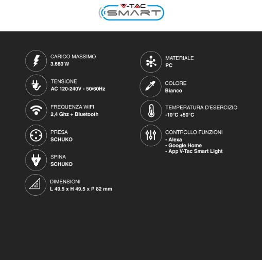V-Tac Smart VT-5172 Presa Schuko 16A Wi-Fi con Spina Schuko Compatibile Amazon Alexa e Google Assistant - SKU 7696