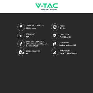 V-Tac VT-12-18 Batteria Piombo Acido 12V 18Ah con Attacchi Dado e Bullone - SKU 23453