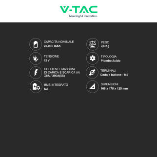 V-Tac VT-12-26 Batteria Piombo Acido 12V 26Ah con Attacchi Dado e Bullone - SKU 23454