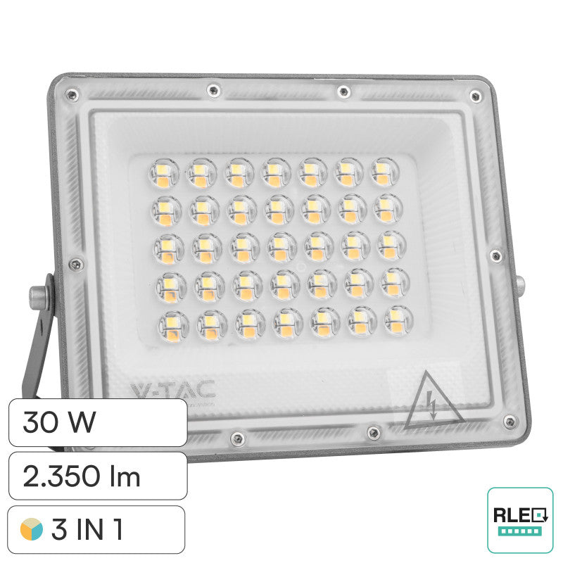 V-Tac VT-44030CCT Faro LED 30W Faretto SMD IP65 LED Sostituibili CCT Changing Color 3in1 Colore Grigio - SKU 23613