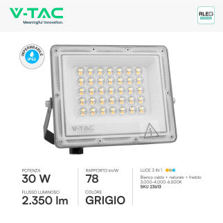 V-Tac VT-44030CCT Faro LED 30W Faretto SMD IP65 LED Sostituibili CCT Changing Color 3in1 Colore Grigio - SKU 23613