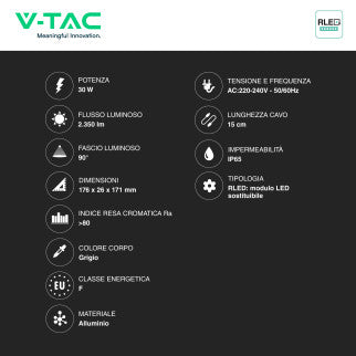 V-Tac VT-44030CCT Faro LED 30W Faretto SMD IP65 LED Sostituibili CCT Changing Color 3in1 Colore Grigio - SKU 23613