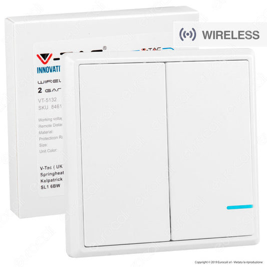V-Tac VT-5132 Interruttore Wireless 2 Gang Senza Fili con Luce LED IP54 - SKU 8461