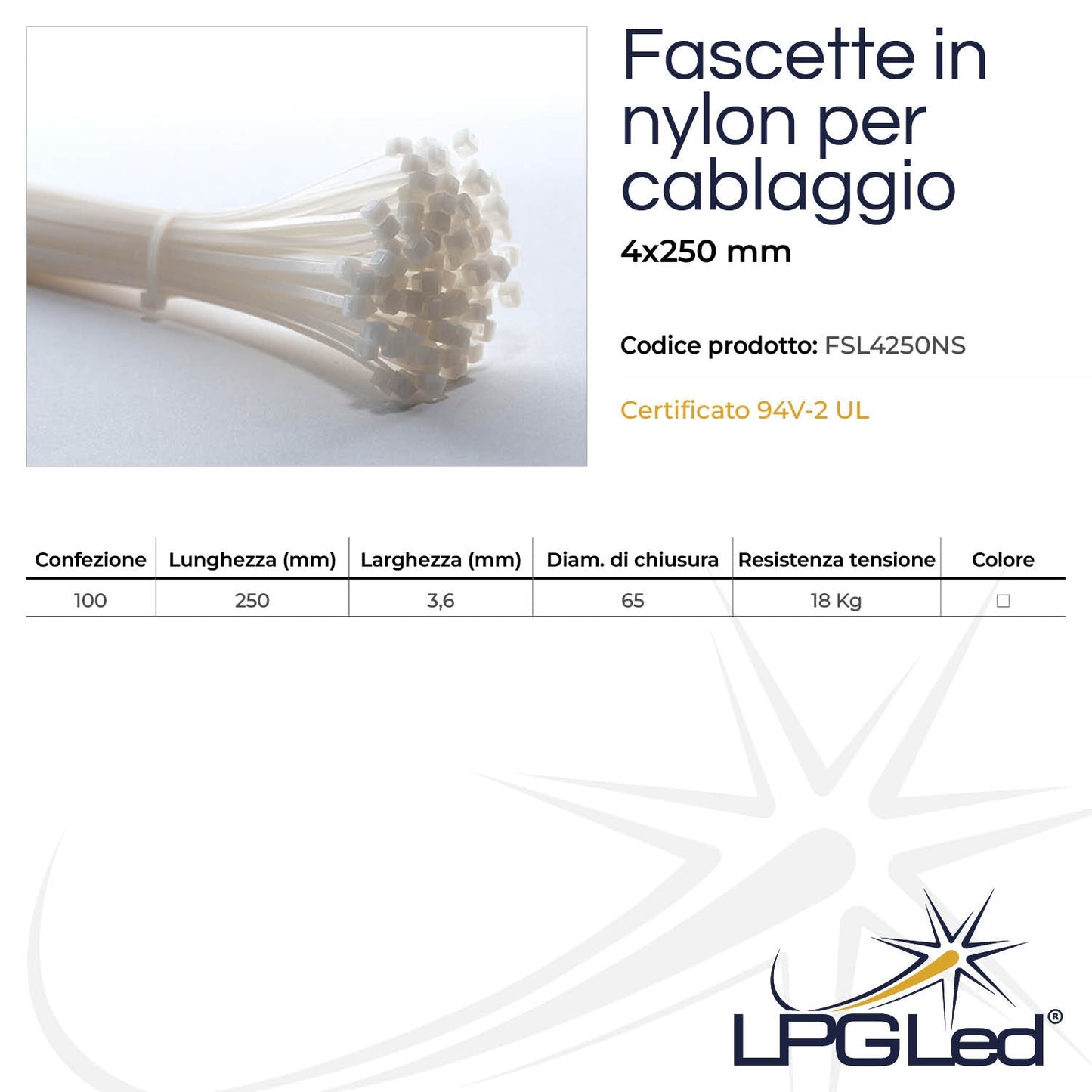 Fascette in nylon per cablaggio | 4x250mm | confezione da 100pz | bianche