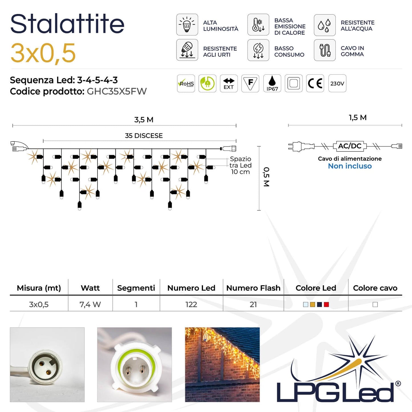 Tendina ghiacciolo led | 3,5X0,5m 230V con flash | cavo bianco | stalattite con 133 led (21 flash)