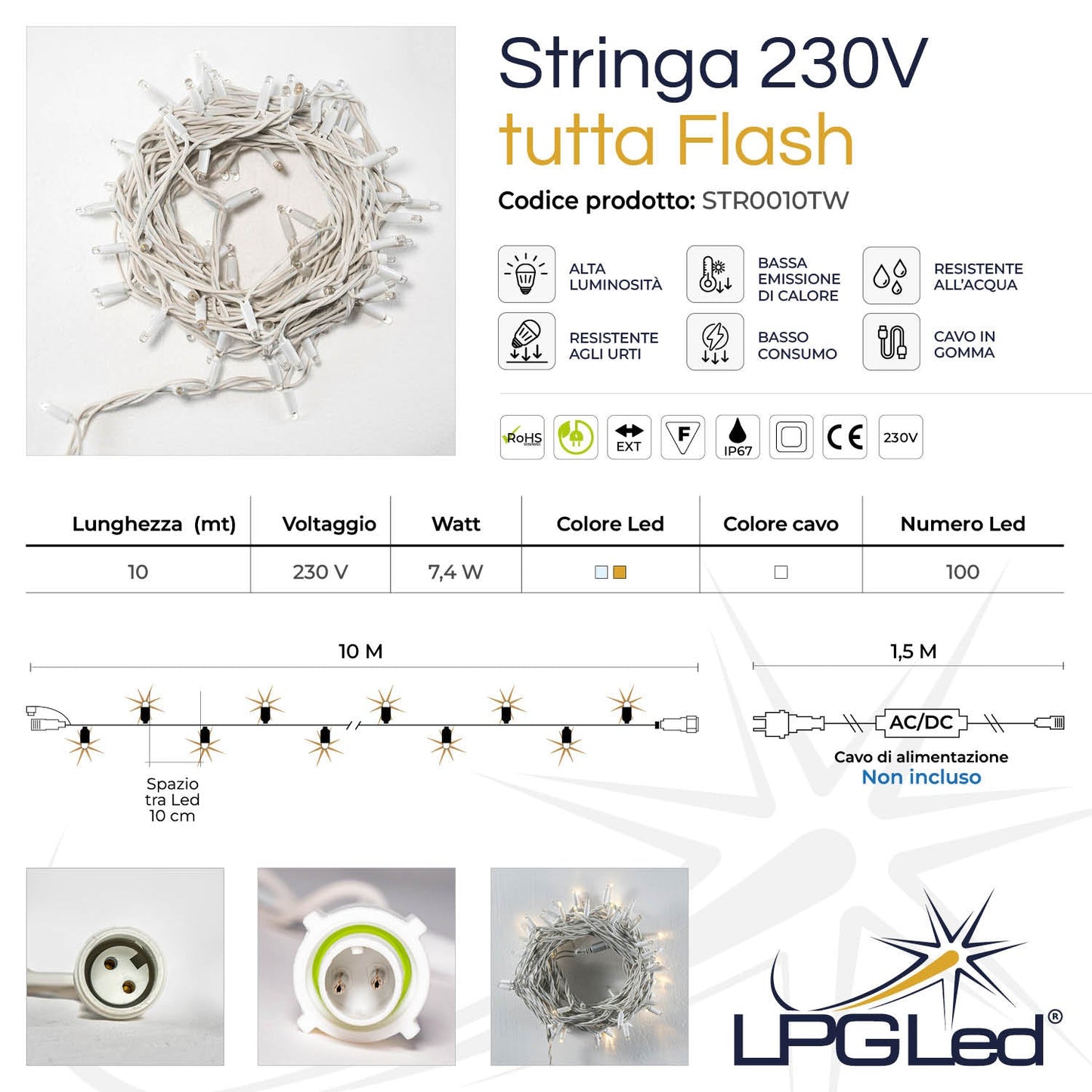 Stringa 10m 230V tutta flash | cavo bianco | catena 100 led flash