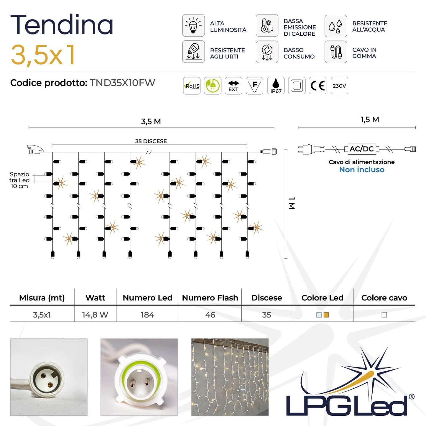 Tendina led | 3,5x1m 230V | cavo bianco | 230 led (46 flash)