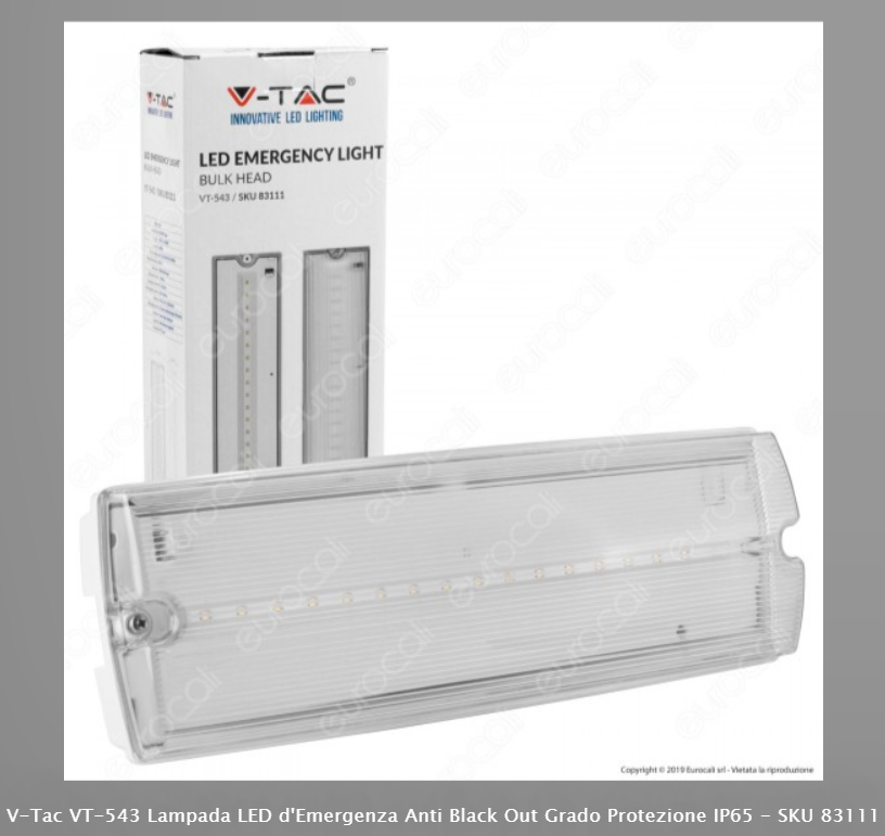 V-TAC VT-543 LAMPADA LED D'EMERGENZA ANTI BLACK OUT GRADO PROTEZIONE IP65 - SKU 83111 - Consegna in 1-5 giorni lavorativi