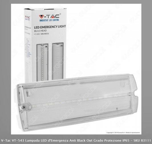 V-TAC VT-543 LAMPADA LED D'EMERGENZA ANTI BLACK OUT GRADO PROTEZIONE IP65 - SKU 83111 - Consegna in 1-5 giorni lavorativi