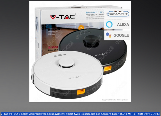 V-TAC VT-5556 ROBOT ASPIRAPOLVERE LAVAPAVIMENTI SMART GYRO RICARICABILE CON SENSORE LASER 360° E WI-FI - SKU 8992 / 7933 - Prenotabile