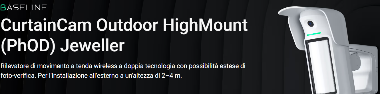 Ajax - Rilevatore di movimento a tenda wireless a doppia tecnologia con possibilità estese di foto-verifica. Per l'installazione all'esterno a un'altezza di 2–4 m. - CurtainCam Outdoor HighMount (PhOD) Jeweller