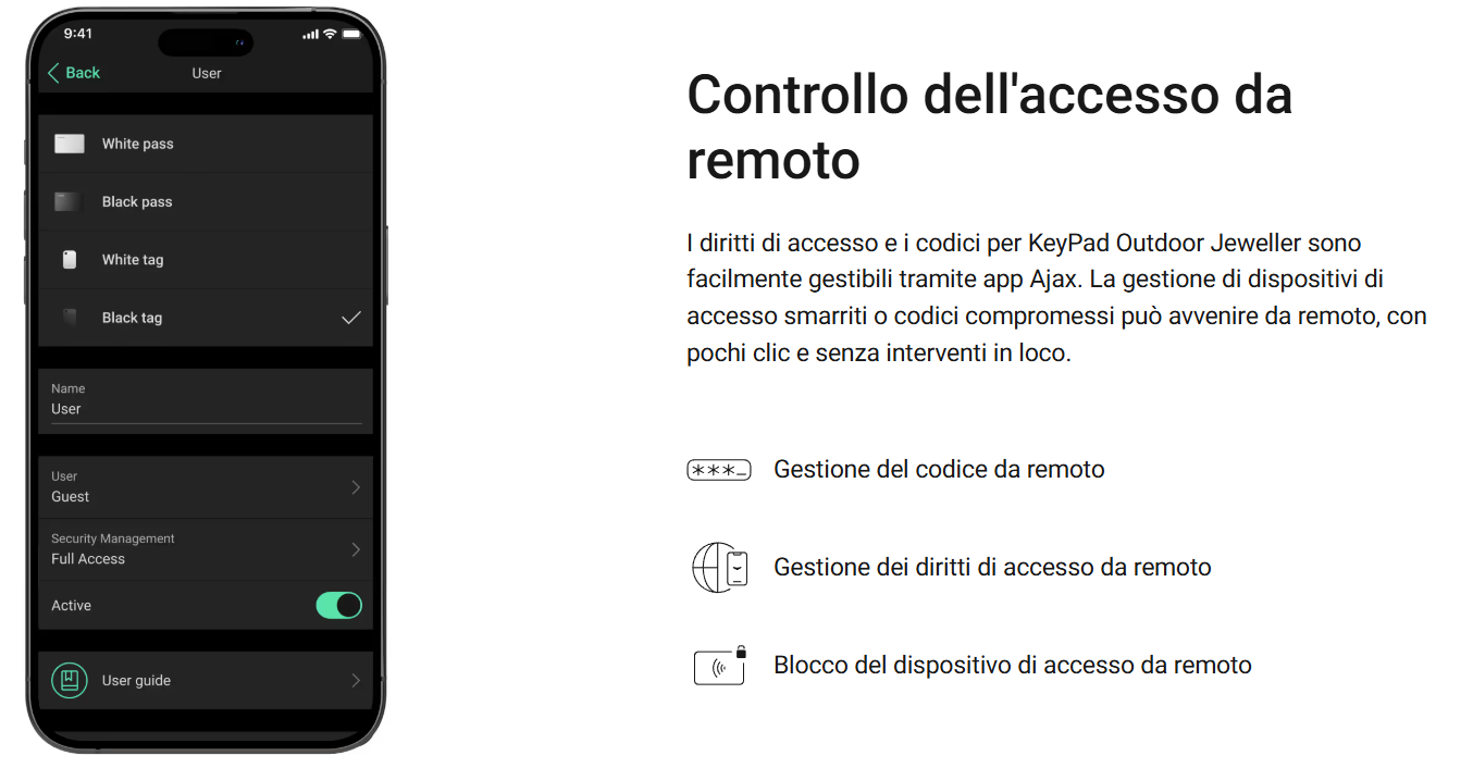 Ajax - Tastiera wireless che supporta l'autenticazione tramite Pass, Tag, smartphone e codici. Per uso in ambienti esterni e interni. - KeyPad Outdoor Jeweller