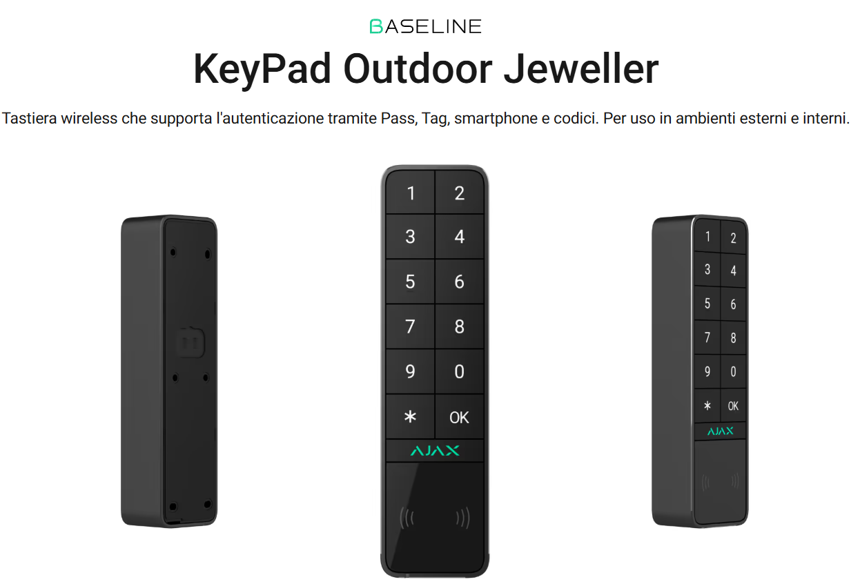 Ajax - Tastiera wireless che supporta l'autenticazione tramite Pass, Tag, smartphone e codici. Per uso in ambienti esterni e interni. - KeyPad Outdoor Jeweller