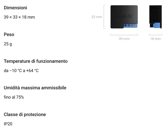 Ajax - AYAX - Relay Jeweller Relè a bassa potenza con contatti puliti per il controllo remoto di un’alimentazione 12-24V⎓ 38204.19.NC1