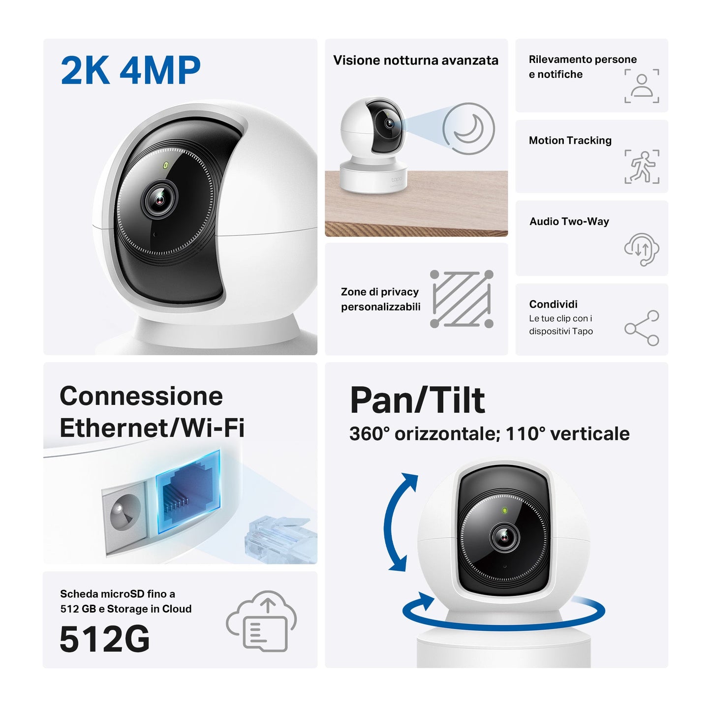 Tapo C222 Telecamera Wi-Fi Interno 2K 4MP, 360° Visuale, Porta Ethernet