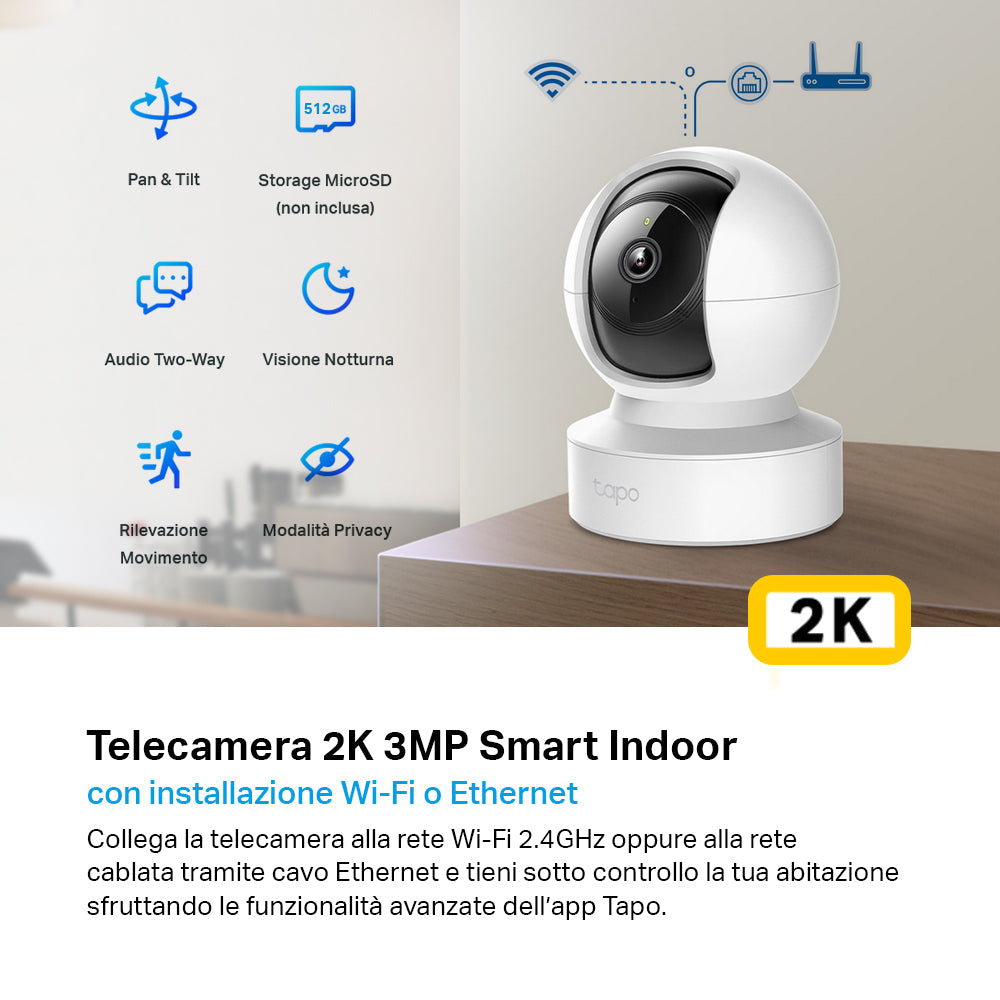Tapo C212 Telecamera Wi-Fi Interno 2K 3MP, 360° Visuale, Porta Ethernet