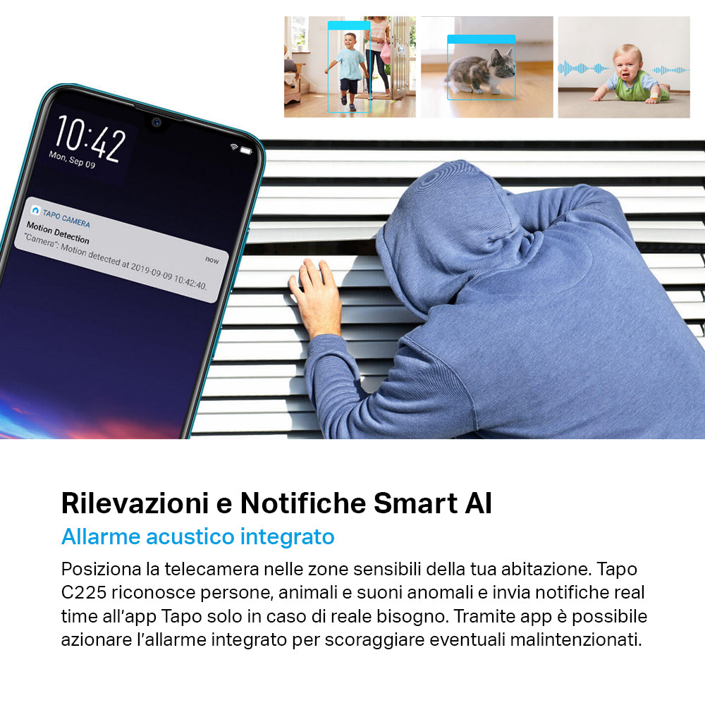 Tapo C225 Telecamera Wi-Fi Interno 2K 4MP, 360° Visuale, Rilevazione e Notifiche Smart AI