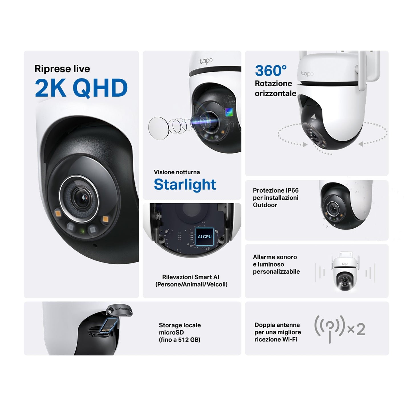 Tapo C520WS Telecamera Wi-Fi Esterno 2K 4MP, 360° Visuale, Visione Notturna a Colori Starlight, Wi-Fi/Ethernet, 2pz, ⚠️Non a batteria