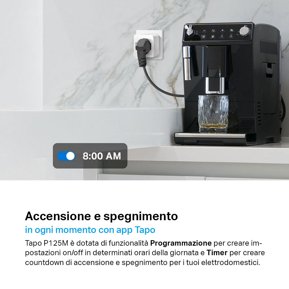 Tapo P125M Presa Smart Wi-Fi Italiana Tipo C-F-L 10A, Monitoraggio Consumi, Controllo Vocale con Alexa, Certificata Matter
