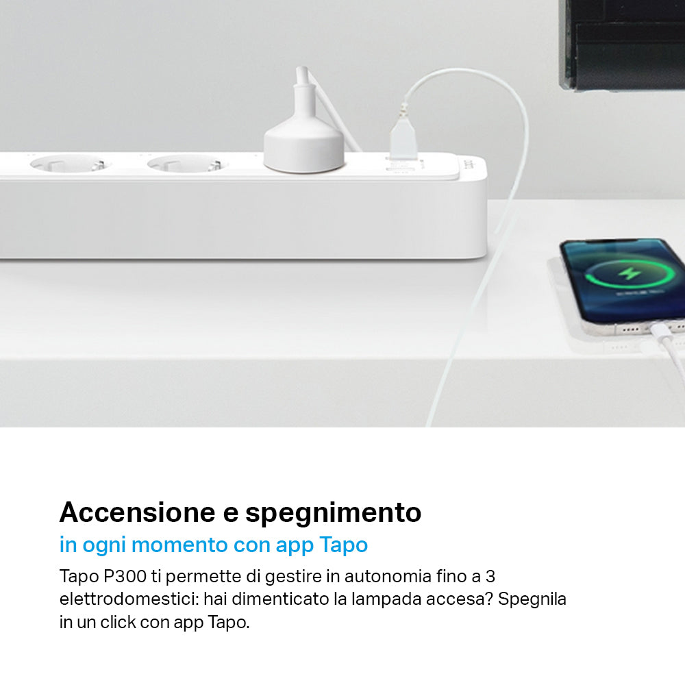Tapo P300 Multipresa Smart Wi-Fi Schuko 10A, Controlla Separatamente 3 Prese, Caricatore USB integrato 18W, Controllo Vocale con Alexa
