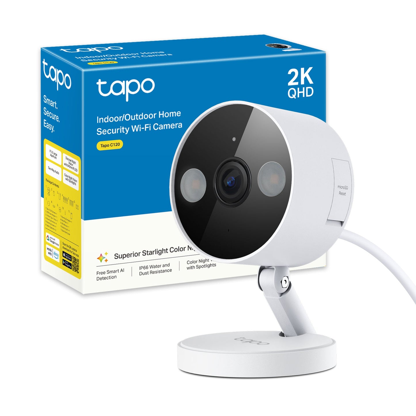Tapo C120 Telecamera Wi-Fi Esterno/Interno 2K 4MP, Visione Notturna a Colori, Base Magnetica