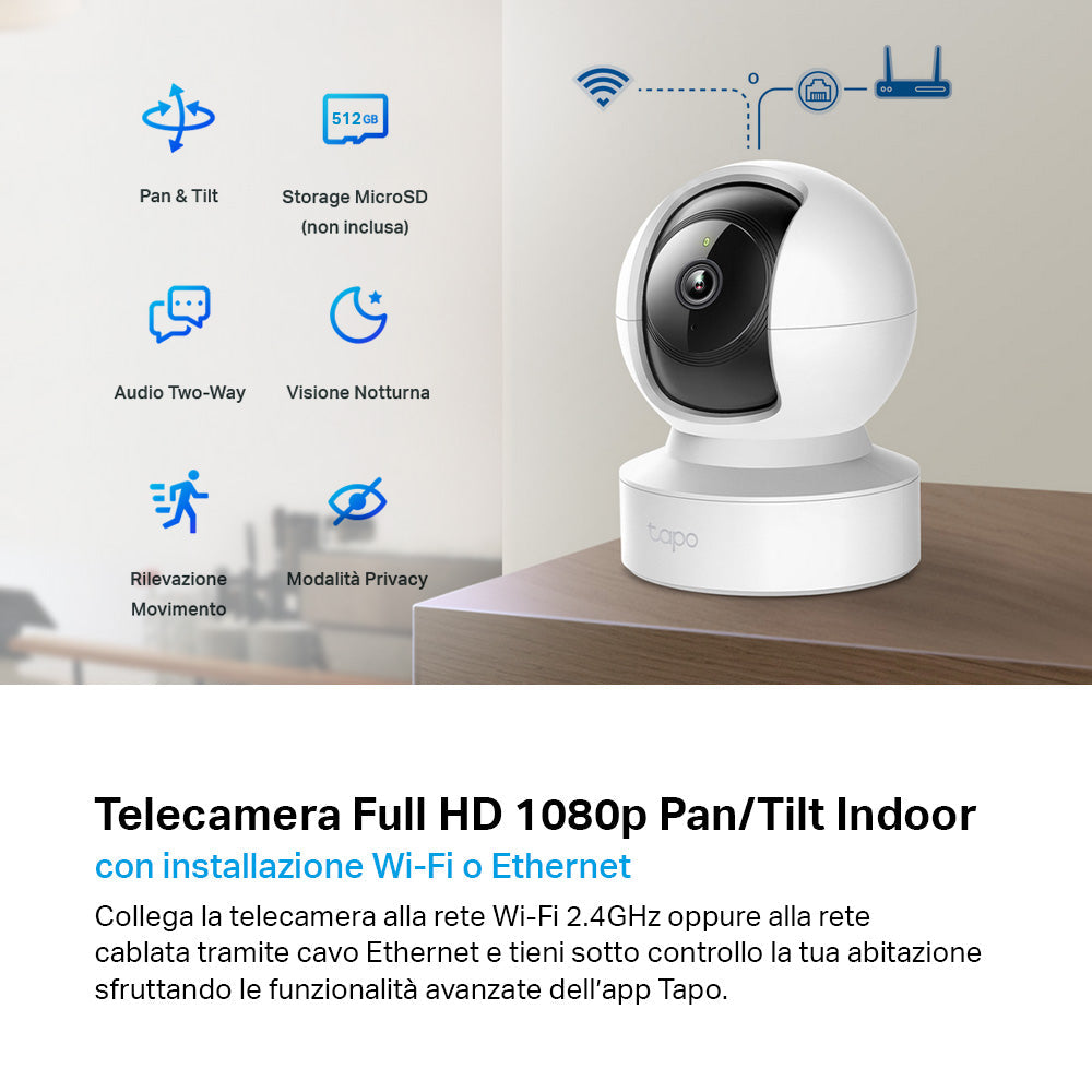 Tapo C202 Telecamera Wi-Fi Interno 1080p FHD, 360° Visuale, Porta Ethernet