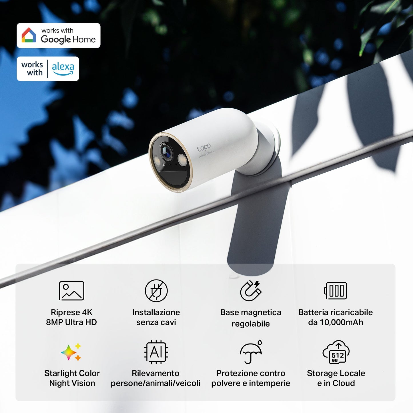 Tapo C460 Telecamera Wi-Fi Esterno a Batteria 4K 8MP, Visione Notturna a Colori Starlight, Base Magnetica