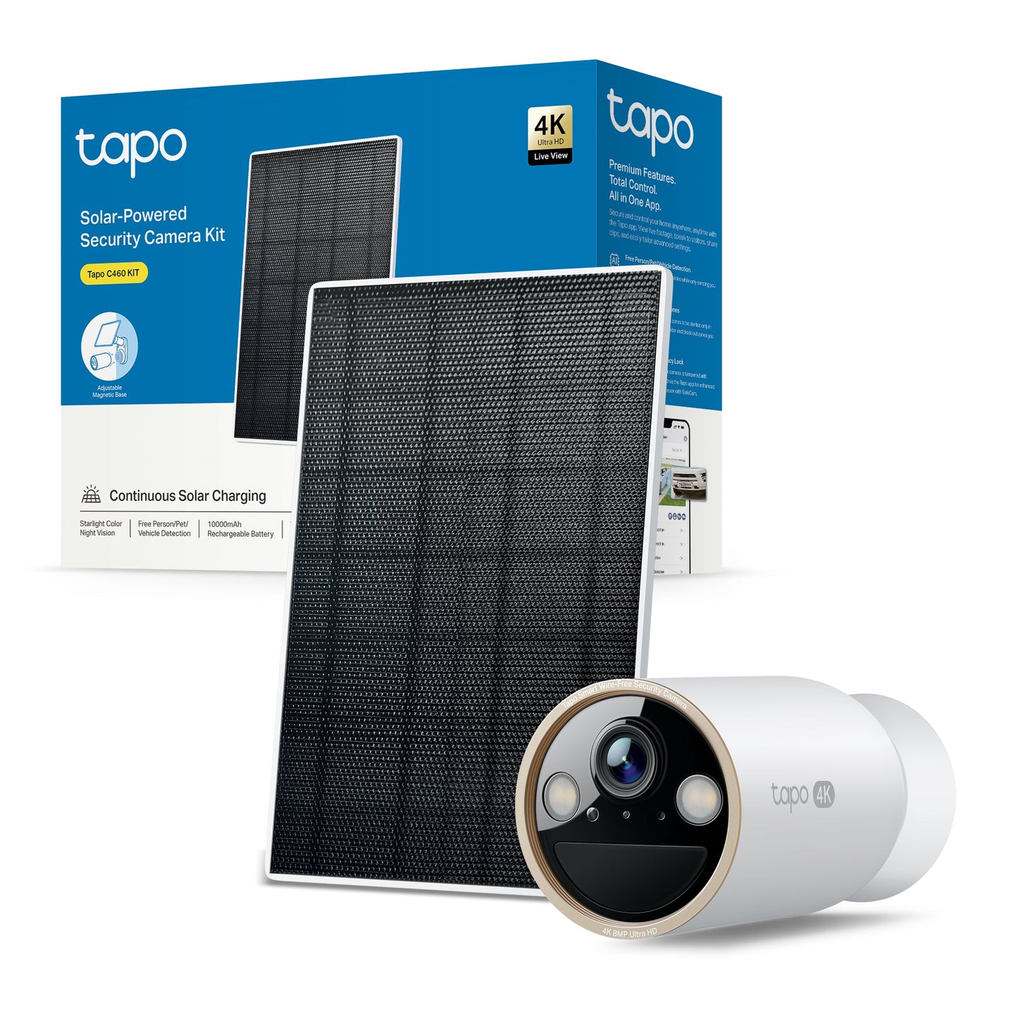 Tapo C460 KIT Telecamera Wi-Fi Esterno a Batteria 4K 8MP con Panello Solare, Visione Notturna a Colori Starlight, Base Magnetica
