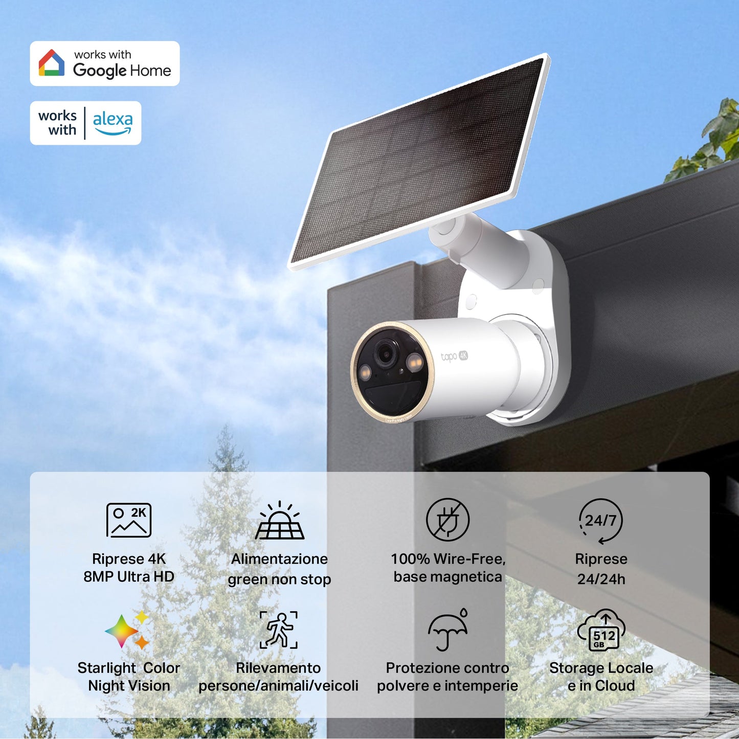 Tapo C460 KIT Telecamera Wi-Fi Esterno a Batteria 4K 8MP con Panello Solare, Visione Notturna a Colori Starlight, Base Magnetica