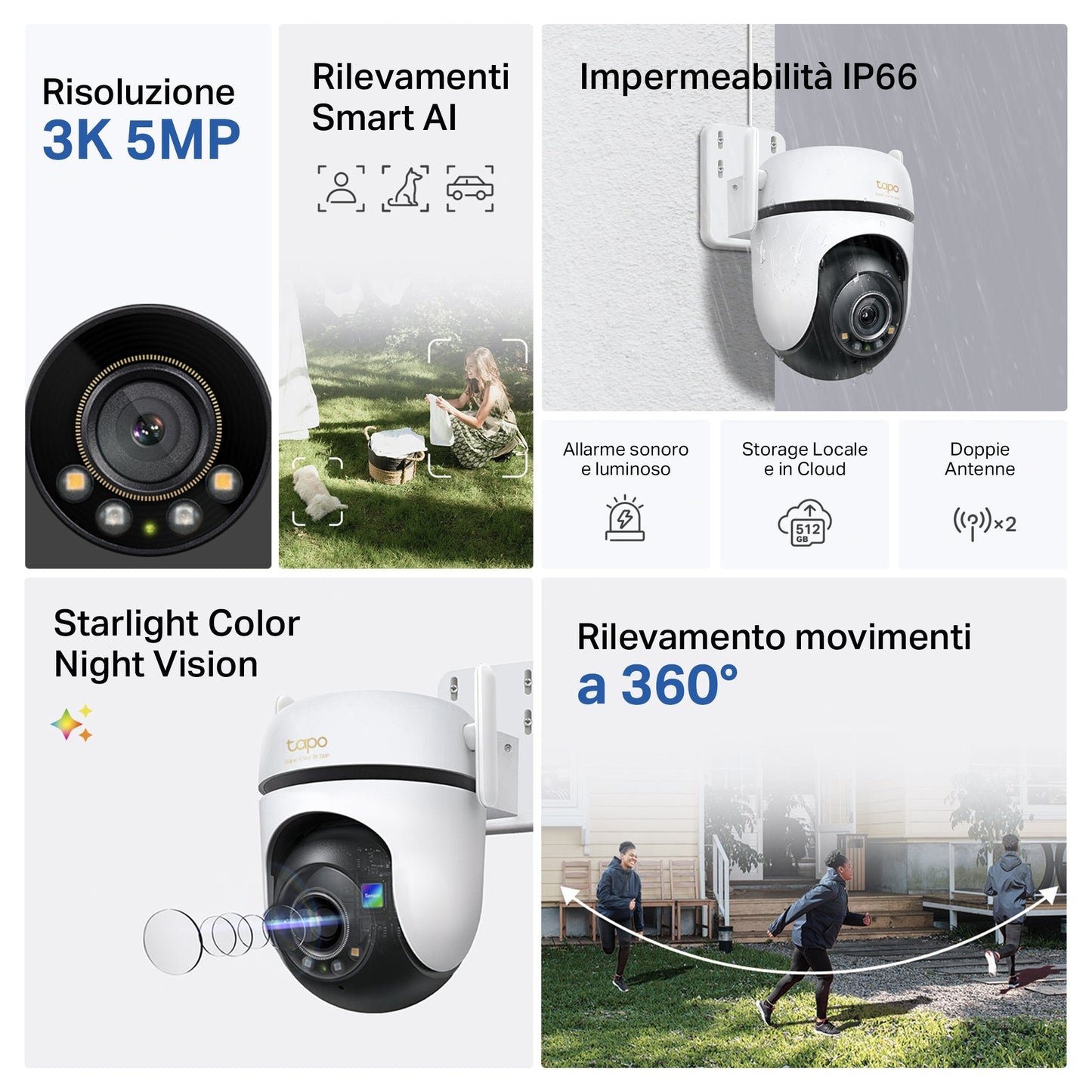 Tapo C530WS Telecamera Wi-Fi Esterno, 3K 5MP, 360° Visuale, Visione Notturna a Colori Starlight, Wi-Fi/Ethernet, ⚠️Non a batteria